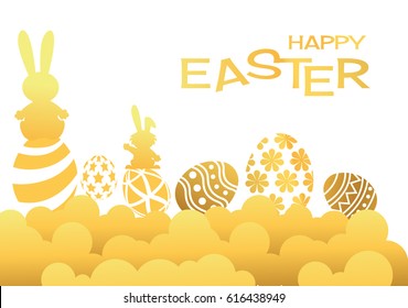 Gold Happy Easter greeting card with rabbit, bunny and eggs