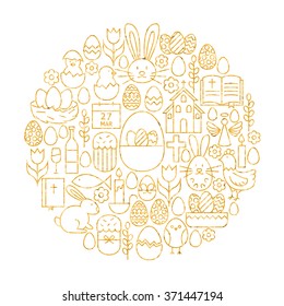 Gold Happy Easter Holiday Line Icons Set Circle Shape. Vector Illustration of Spring Holiday Objects. 
