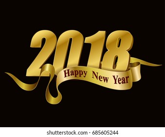 Gold Happy new year 2018 with golden ribbon. Vector design