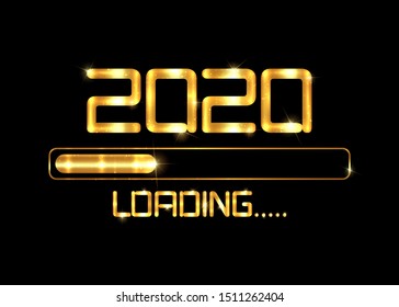 Gold Happy new year 2020 with loading icon golden fashion style. Progress bar almost reaching new year's eve. Luxury shiny metal vector illustration with 2020 loading. Isolated or black background