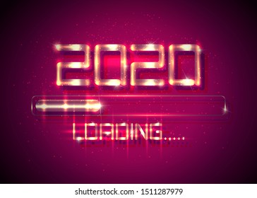 Gold Happy new year 2020 with loading icon golden fashion style. Progress bar almost reaching new year's eve. Luxury shiny metal vector illustration with 2020 loading. Isolated or purple background