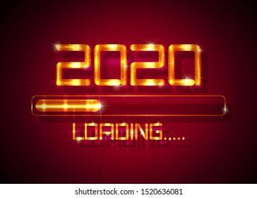 Gold Happy new year 2020 with loading icon golden fashion style. Progress bar almost reaching new year's eve. Luxury shiny metal vector illustration with 2020 loading. Isolated or dark red background