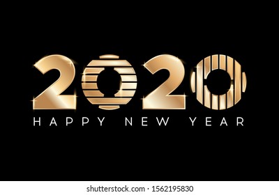 Gold Happy New Year 2020on black background. Vector New Year illustration. Brochure design template, card, banner