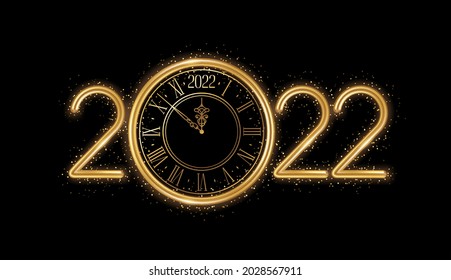 Gold Happy New Year 2022 Logo With Clock Face And Confetti Glitter Sparkles On Black Background. Vector Illustration. Merry Christmas Template Minimal Design For Posters, Flyers, Brochures Or Voucher