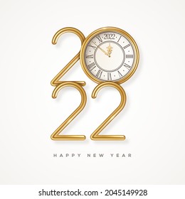 Gold Happy New Year 2022 logo with clock face isolated on white background. Vector illustration. Merry Christmas design for flyers, brochures or party minimalistic poster layout template.