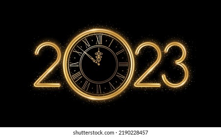 Gold Happy New Year 2023 Logo With Clock Face And Confetti Glitter Sparkles On Black Background. Vector Illustration. Merry Christmas Template Minimal Design For Posters, Flyers, Brochures Or Voucher