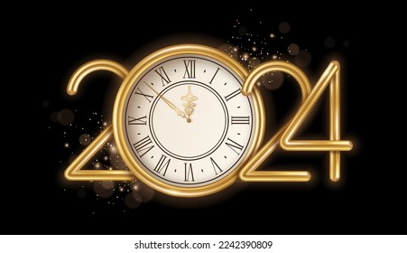 Gold Happy New Year 2024 logo with clock face and burst glitter sparkles on black background. Vector illustration. Merry Christmas template design for posters, flyers, brochures or vouchers