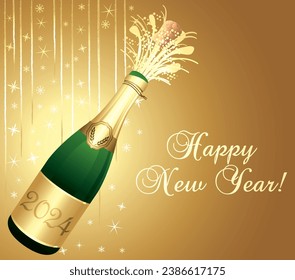 Gold Happy New Year 2024 Greeting card. Champaign bottle with cork explosion. Festive background. Vector illustration.