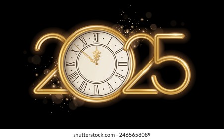 Gold Happy New Year 2025 logo, clock face and burst glitter sparkles on black background. Vector illustration. Merry Christmas template design for posters, flyers, brochures or vouchers