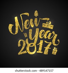 Gold Happy New Year Card. Golden Shiny Glitter. Calligraphy Greeting Poster Template. Black Background Glowing Illustration