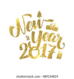 Gold Happy New Year Card. Golden Shiny Glitter. Calligraphy Greeting Poster Template. Isolated White Background Glowing Illustration