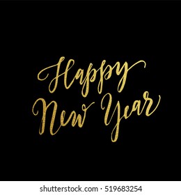 Gold Happy New Year greeting text on black background. Luxury lettering for vip holiday card design