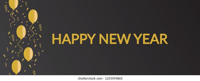 Gold Happy new year text, Balloons and confetti on Black background