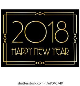gold happy new year typography art deco frame vector graphic on black