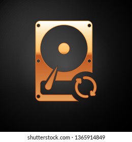 Gold Hard disk drive (HDD) sync refresh icon isolated on black background. Vector Illustration