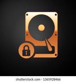 Gold Hard disk drive and lock icon isolated on black background. HHD and padlock. Security, safety, protection concept. Vector Illustration