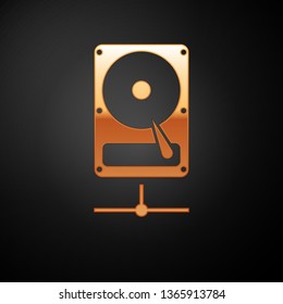 Gold Hard disk drive on sharing network icon isolated on black background. Vector Illustration