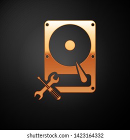 Gold Hard disk drive with screwdriver and wrench icon isolated on black background. Adjusting, service, setting, maintenance, repair, fixing.  Vector Illustration