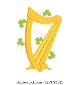 Gold harp with Three leaf clovers isolated on white. Traditional symbols of Irish holiday. Saint Patricks Day holiday.