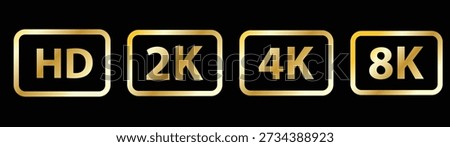 Gold HD, 2K, 4K, 8K Video Resolution Icons on Black Background