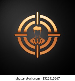 Gold Head hunting concept icon isolated on black background. Business target or Employment sign. Human resource and recruitment for business. Vector Illustration