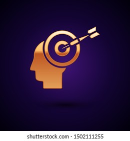 Gold Head hunting concept icon isolated on dark blue background. Business target or Employment sign. Human resource and recruitment for business.  Vector Illustration