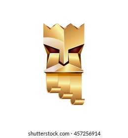 Gold head of king on white background. Abstract metallic polygonal logo of God with golden crown.