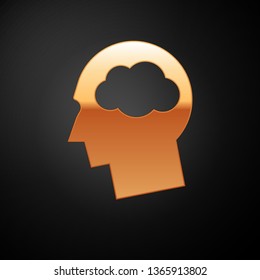 Gold Head silhouette with cloud icon isolated on black background. Dreaming sign. Vector Illustration