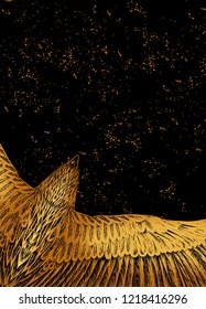 Gold head and wing of owl on the black background. To be used for poster tattoo studio. 