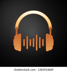 Gold Headphone and sound waves icon on black background. Earphone sign. Concept object for listening to music, service, communication and operator. Vector Illustration