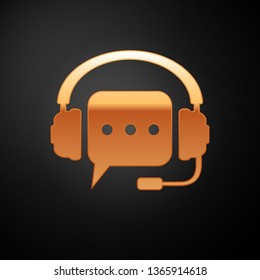 Gold Headphones with speech bubble icon on black background. Support customer services, hotline, call center, guideline, faq, maintenance, assistance. Vector Illustration