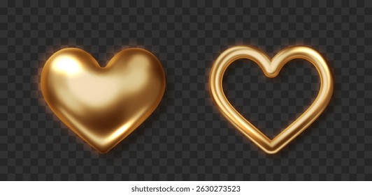 Gold heart 3D shape. Glossy realistic metal shine. Love and wedding symbol, luxury romantic icon for celebration and decor. Vector isolated design.