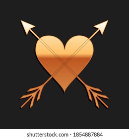 Gold Heart with arrow icon isolated on black background. Happy Valentine's day. Cupid dart pierced to the heart. Love symbol. Amour symbol. Long shadow style. Vector.