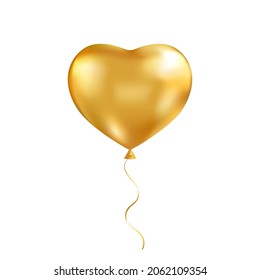 Gold heart balloon. Golden air baloon. Helium 3d love ballon. Valentine day background. Anniversary celebration party. Happy Birthday design element. Carnival holiday decoration. Vector illustration.