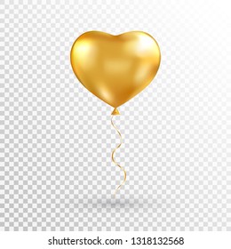 Gold heart balloon on transparent background. Foil air balloon for party, Christmas, Birthday, Valentines day, Womens day, wedding, grand opening. Glossy shine helium balloon. Vector illustration.