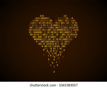 Gold heart of binary code. Concept of virtual love, online Dating, robotization, artificial intelligence