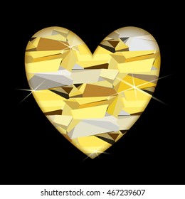 Gold heart with black background. Heart frame with gold geometric pattern. Golden valentine love card with triangles pattern and shiny sparkles. Vector illustration stock vector.