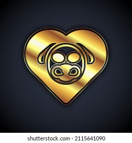 Gold Heart with dog icon isolated on black background. Pet paw in heart. Love to the animals.  Vector