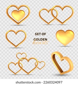 Gold Heart Element Design. Set Realistic 3d gold hearts design. Romantic Symbol of Love.
