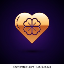 Gold Heart with four leaf clover icon isolated on dark blue background. Happy Saint Patrick day.  Vector Illustration
