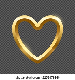 Gold heart frame on transparent background. Blank space for picture, painting, card or photo. 3d realistic modern template vector illustration. Simple golden object mockup.