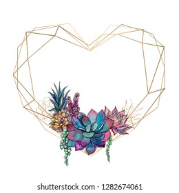 Gold heart frame with succulents. Valentine. Watercolor.Graphics.  Vector.