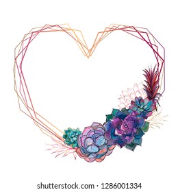 Gold heart frame with succulents. Valentine. Watercolor.Graphics. Vector.