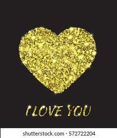 Gold Heart. Glow light effect. Star burst with sparkles. Gold glitter.
