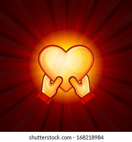 Gold Heart And Hands On Red Background