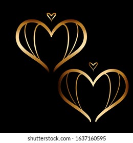 Gold heart illustration hand drawn in line art style. Banner for Valentines Day. love symbol. Wedding. Abstract. Stock vector design element for any engagement Isolated on black background