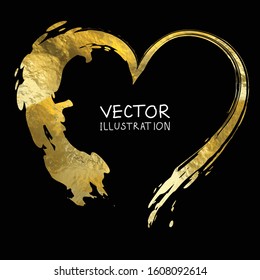 Gold heart isolated on black background, hand painted, golden vector valentines day element for invitation, wedding, poster.