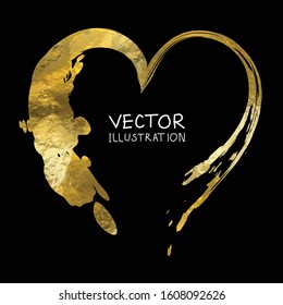 Gold heart isolated on black background, hand painted, golden vector valentines day element for invitation, wedding, poster.