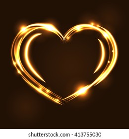 Gold heart light tracing effect. Glowing magic fire trace. Sparkle swirl trail, on black background. Glitter lines, flying sparkling flash lights. Symbol of love, Valentine day Vector illustration