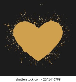 Gold heart on black background.  Hand drawn spray paint heart. Grunge vector hearts. Valentine background. 